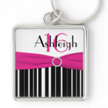 Black, White, Pink Striped 16 Keychain with Name