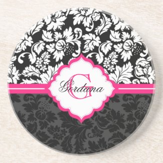Black White & Pink Vintage Floral Damasks Drink Coasters