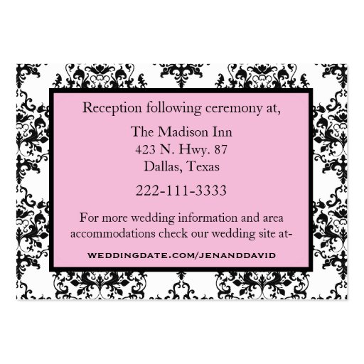 Black, White, & Pink Wedding enclosure cards Business Card Template (front side)