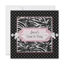 Black White Pink Zebra Sweet 16 Birthday Party Personalized Invitations