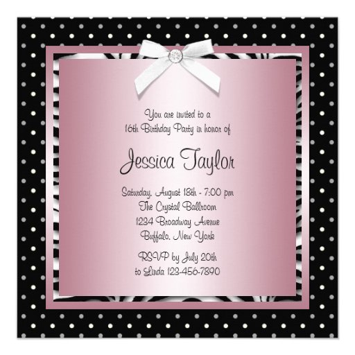 Black White Pink Zebra Sweet 16 Birthday Party Personalized Invitations