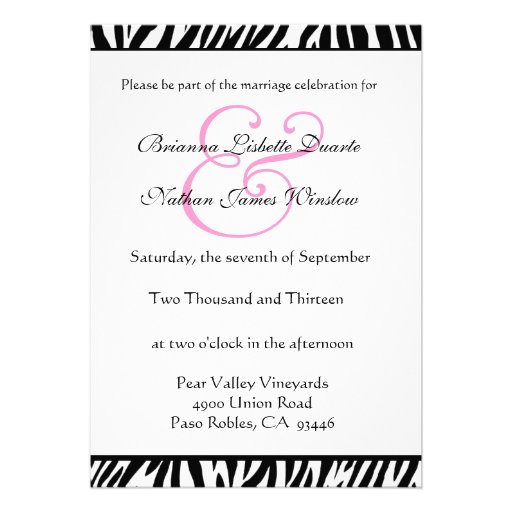 Black White Pink Zebra Wedding Invitations