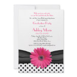 Black White Polka Dot Pink Daisy Graduation Invitations