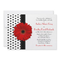 Black White Polka Dot Red Daisy Wedding Invitation