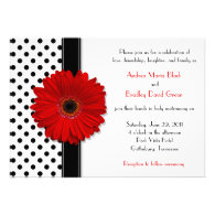 Black White Polka Dot Red Daisy Wedding Invitation