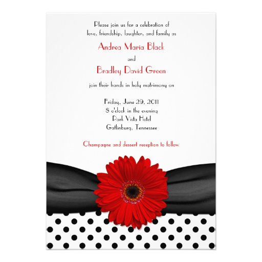 Black White Polka Dot Red Daisy Wedding Invitation