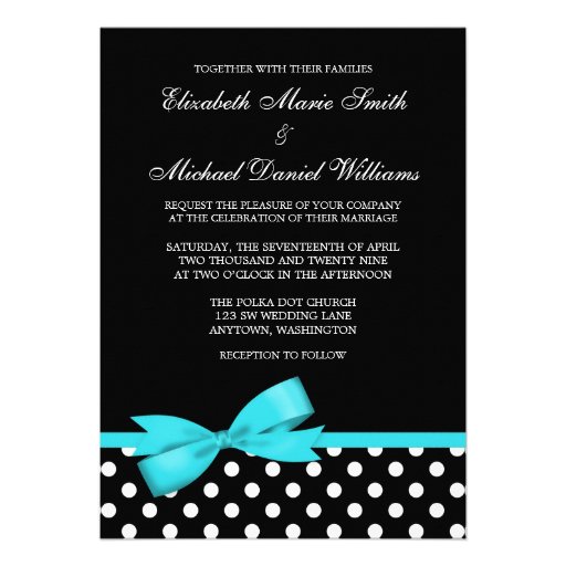 Black White Polka Dot Teal Faux Bow Wedding Custom Announcement