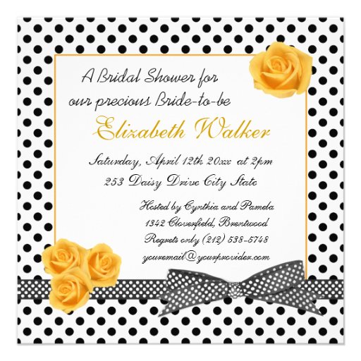 Black white polka dot yellow rose Bridal Shower Custom Announcements