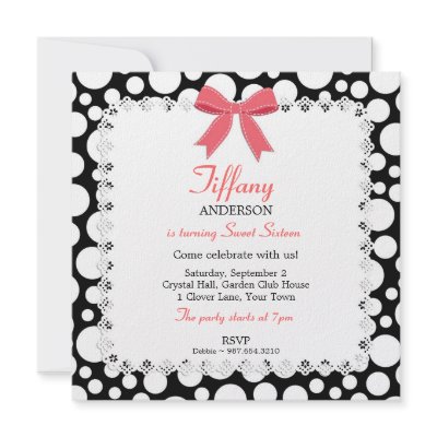 Black & White Polka Dots w/ Lace Sweet 16 Birthday Invite by classycelebrations