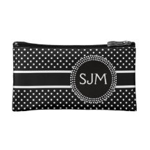 Black White Polka Dots with Monogram Cosmetic Bag