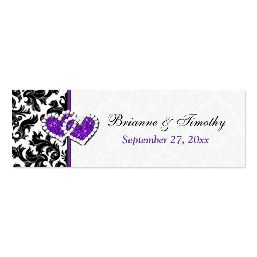 Black, White, Purple Damask Hearts Favor Tag Business Cards (front side)