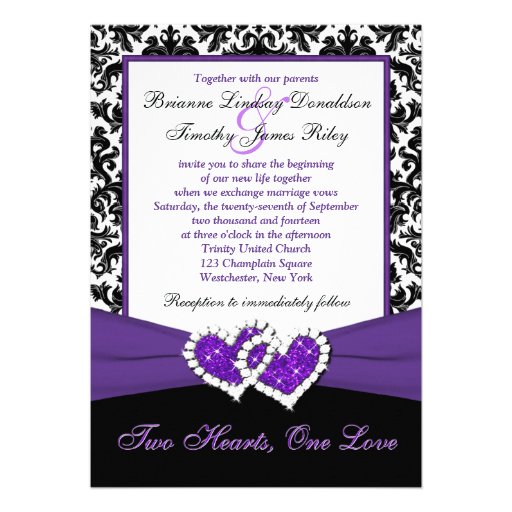 Black White Purple Damask Hearts Wedding Invite