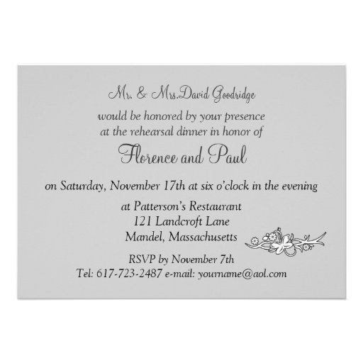 Black, white, purple floral Chandelier Rehearsal Card
