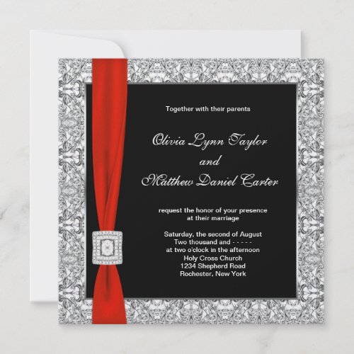 Damask Monogram Pink Wedding Invitation Template invitation Black White Red