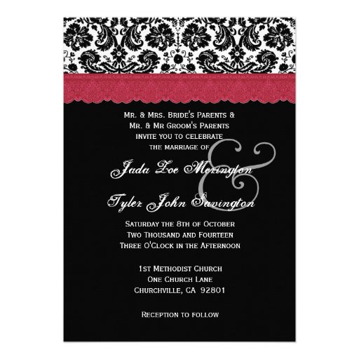 Black White Red Lace Flower Damask Wedding V16 Personalized Announcement