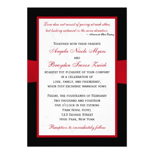 Black White Red PRINTED Ribbon Wedding Invite