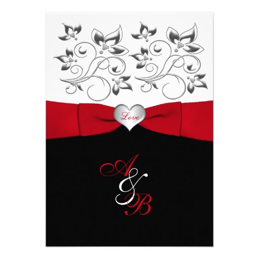 Black White Red PRINTED Ribbon Wedding Invite (front side)