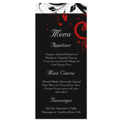 Black, White, Red Reverse Swirl Wedding Menu Custom Rack Card