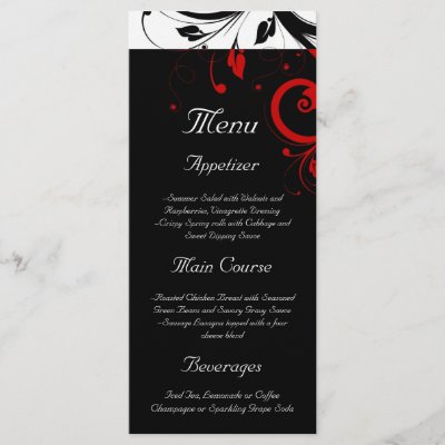 Black White Red Reverse Swirl Wedding Menu Custom Rack Card by 