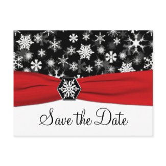 Black, White, Red Snowflakes Save the Date Card postcard