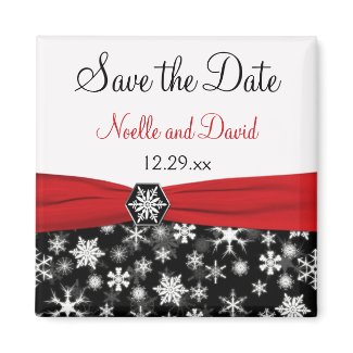 Black, White, Red Snowflakes Save the Date Magnet magnet