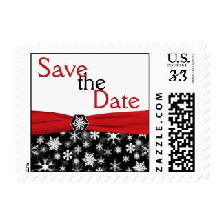 Black, White, Red Snowflakes Save the Date Postage stamp