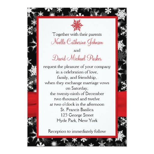 Black, White, Red Snowflakes Wedding Invitation