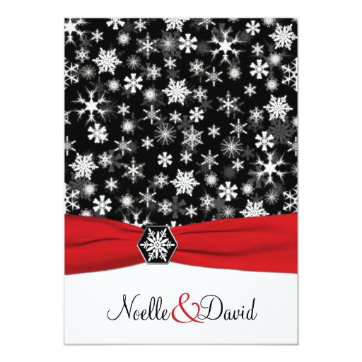 Black, White, Red Snowflakes Wedding Invitation (front side)