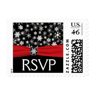Black, White, Red Snowflakes Wedding RSVP Postage stamp