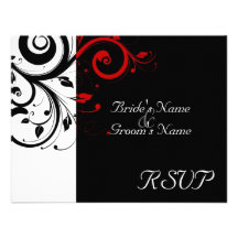 Black +White Red Swirl Wedding Matching RSVP Personalized Announcement