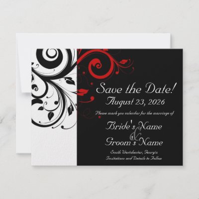 Black white red swirl wedding save the date invites by custominvites