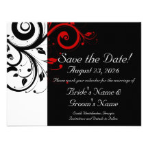 Black, White, Red Swirl Wedding Save the Date Personalized Invitations