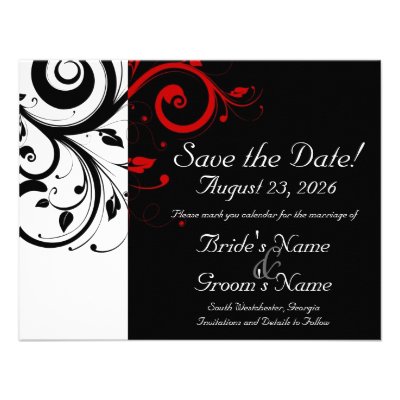 Black, White, Red Swirl Wedding Save the Date Invites