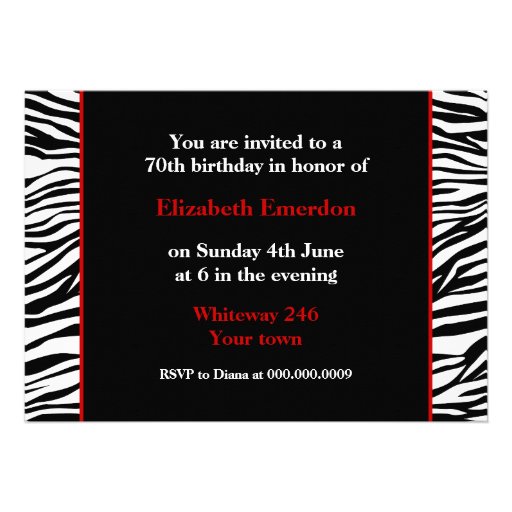 Black white red zebra print 70th birthday photo custom invite