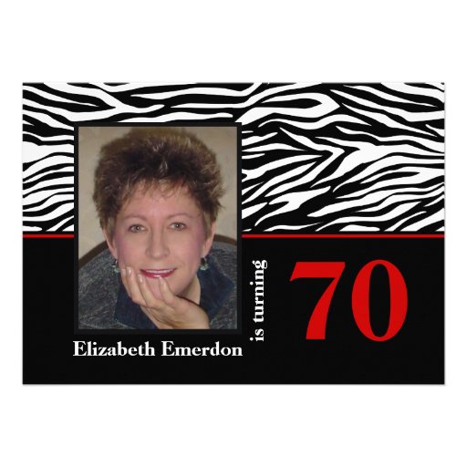 Black white red zebra print 70th birthday photo custom invite