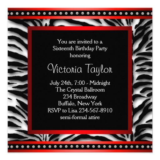 Black White Red Zebra Sweet 16 Party Invite