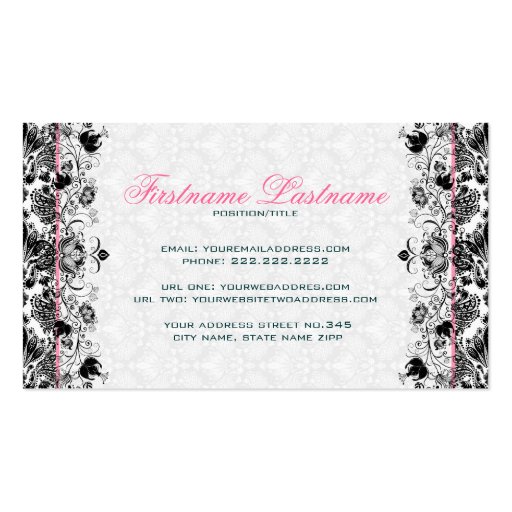 Black & White Retro Floral Damasks Pattern Business Cards (back side)