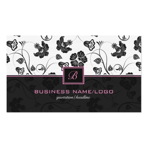Black & White Retro Flowers Pattern Monogramed Business Card (front side)