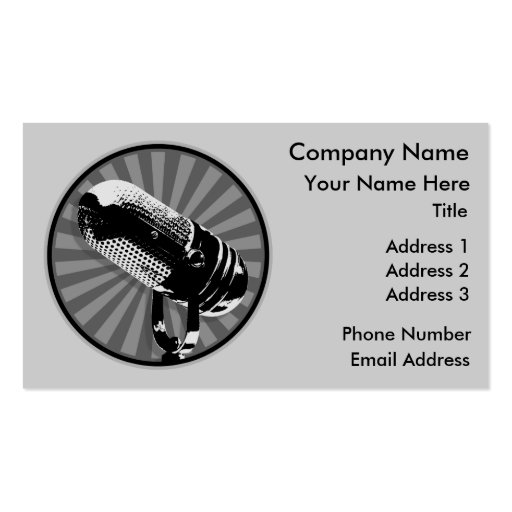 Black & White Retro Microphone Emblem Business Card Template (front side)