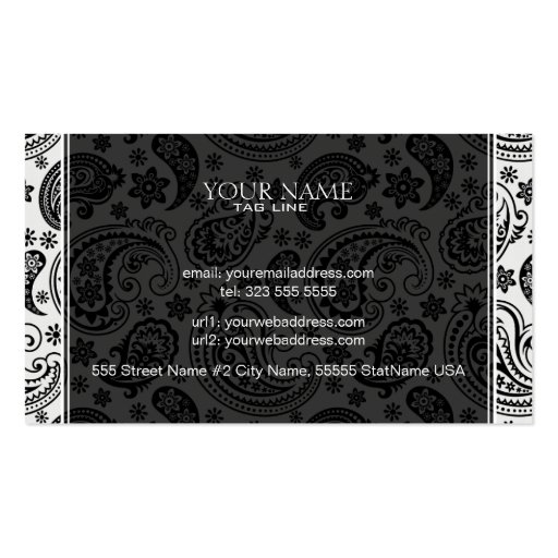 Black & White Retro Paisley Pattern 2 Design Business Cards (back side)