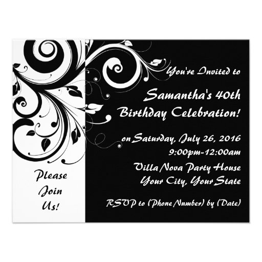 Black+White Reverse Swirl 40th Party Invitations 4.25" X 5.5