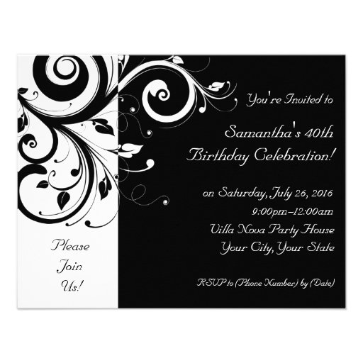 Black+White Reverse Swirl Party Invitations (front side)