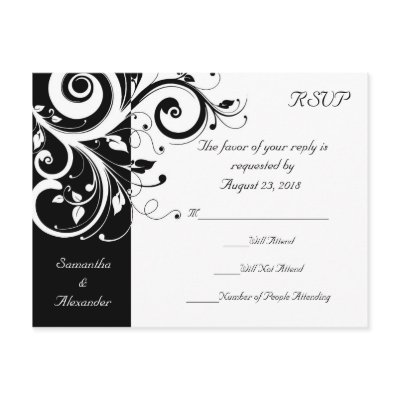 Black +White Reverse Swirl Wedding RSVP Postcard