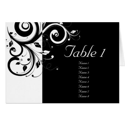 Black White Reverse Swirl Wedding Table Cards by CustomInvites