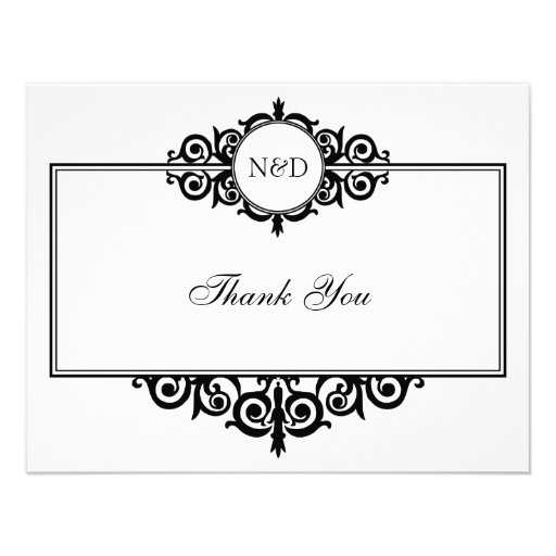 Black white scroll monogram thank you note flat personalized invites (front side)