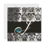 BLACK WHITE SILK DAMASK MONOGRAM BLUE SAPPHIRE PERSONALIZED ANNOUNCEMENTS