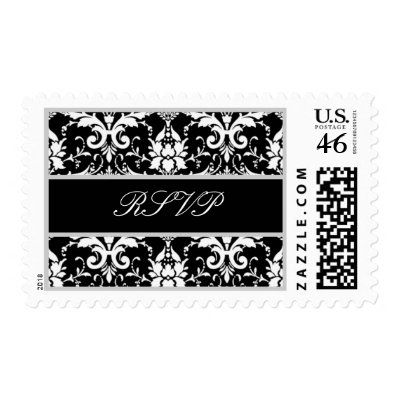 Black White Silver Ornate Scroll Wedding RSVP Postage Stamp