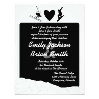 Black white ski snowboarder custom wedding invites