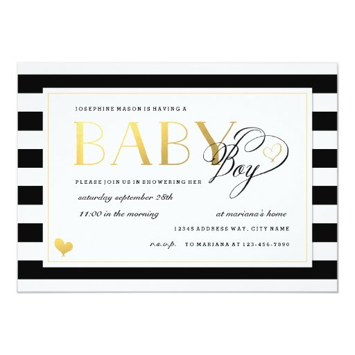 Black & White Stripe Baby Boy Shower Gold Accents Personalized Invites