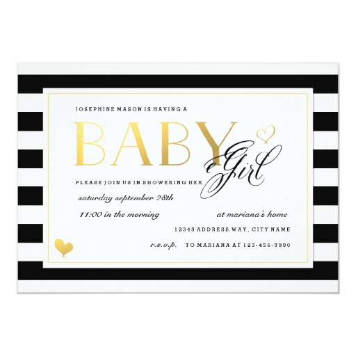 Black & White Stripe Baby Girl Shower Gold Accents Custom Announcement (front side)